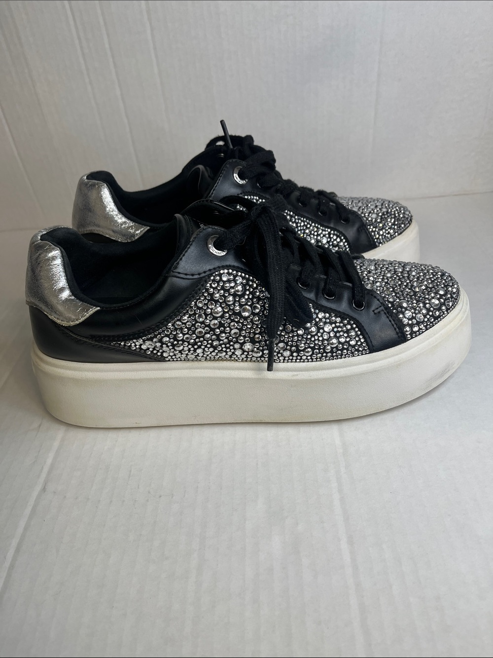 Michael Kors Black and Silver Crystal-Embellished Platform Sneakers - Picture 5 of 13